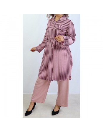 Chemise longue de couleur Rose à rayures noires 