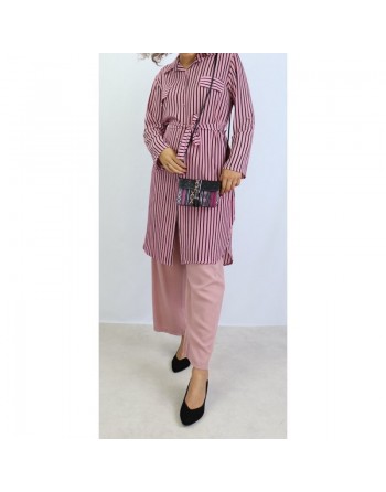 Chemise longue de couleur Rose à rayures noires 