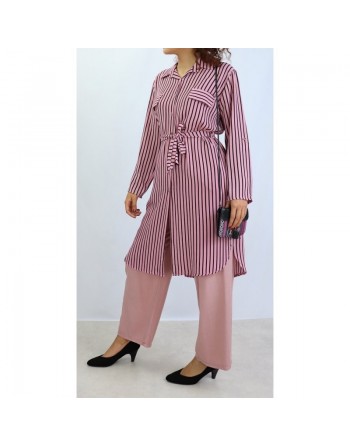 Chemise longue de couleur Rose à rayures noires 