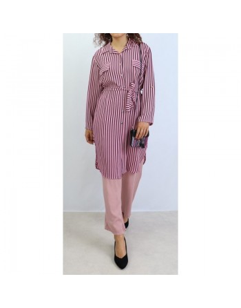 Chemise longue de couleur Rose à rayures noires 