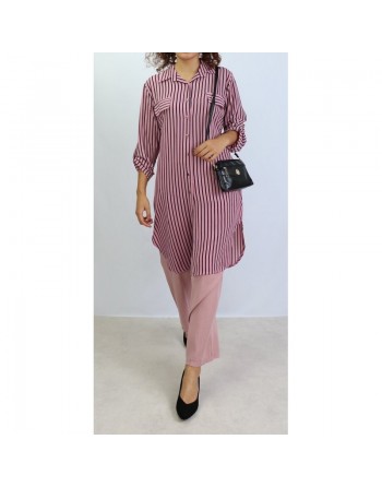 Chemise longue de couleur Rose à rayures noires 