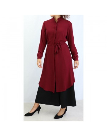 Chemise tunique longue avec ceinture couleur bordeaux 