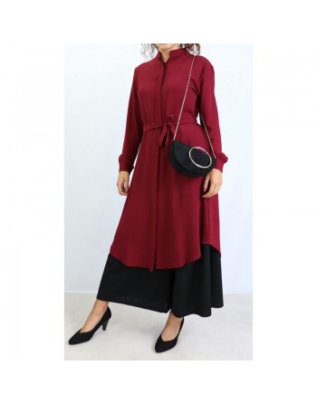 Chemise tunique longue avec ceinture couleur bordeaux 