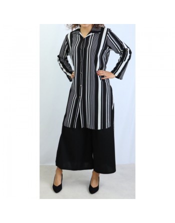 Chemise longue noire à rayures blanches 