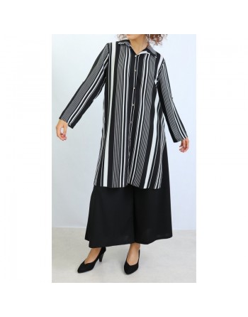 Chemise longue noire à rayures blanches 