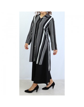 Chemise longue noire à rayures blanches 