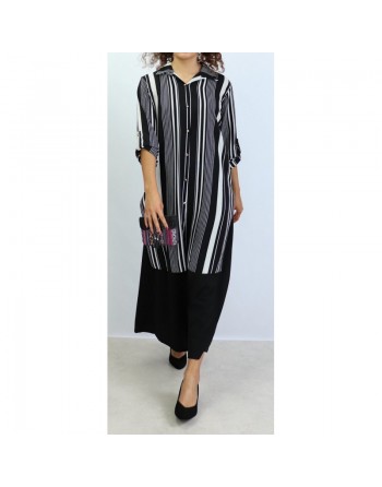 Chemise longue noire à rayures blanches 