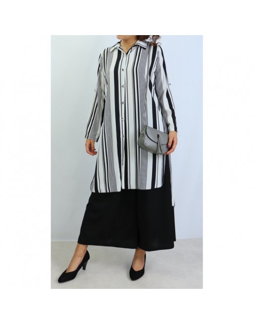 Chemise longue blanche à rayures noires Chemise longue blanche à rayures noires