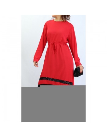Tunique en crêpe avec strass noirs - Couleur Rouge 