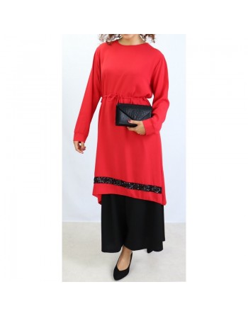 Tunique en crêpe avec strass noirs - Couleur Rouge 
