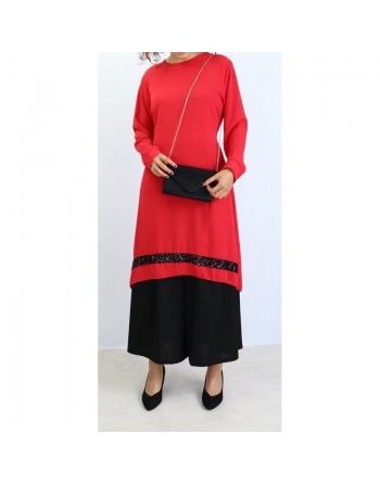 Tunique en crêpe avec strass noirs - Couleur Rouge 