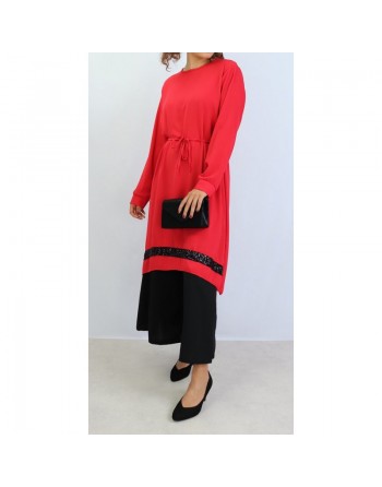 Tunique en crêpe avec strass noirs - Couleur Rouge 