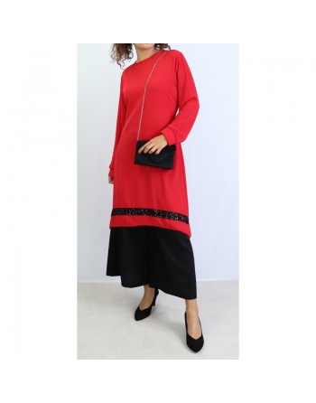 Tunique en crêpe avec strass noirs - Couleur Rouge 
