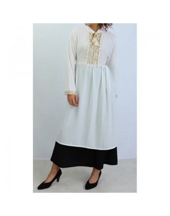 Tunique longue décorée de strass broderie et pompons - Couleur Blanc 