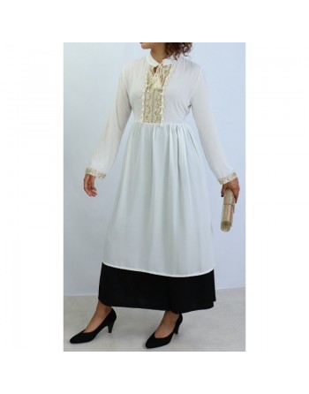 Tunique longue décorée de strass broderie et pompons - Couleur Blanc 