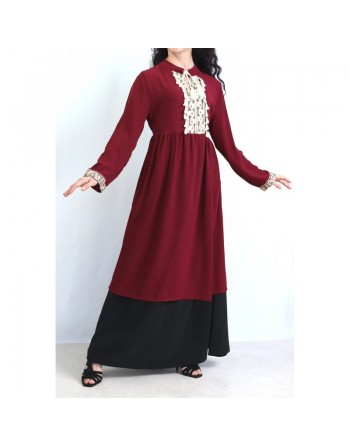 Tunique longue décorée de strass broderie et pompons - Couleur Rouge Bordeaux 