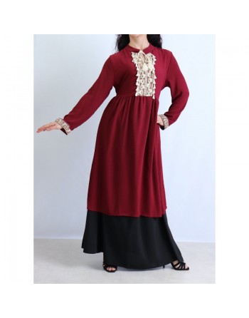 Tunique longue décorée de strass broderie et pompons - Couleur Rouge Bordeaux 