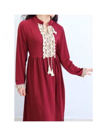 Tunique longue décorée de strass broderie et pompons - Couleur Rouge Bordeaux 