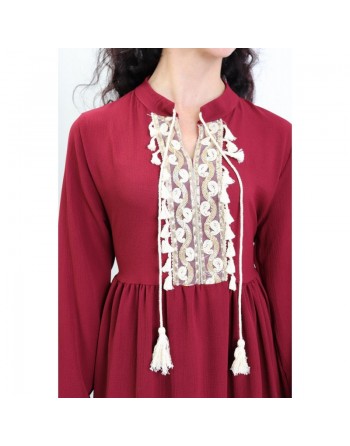 Tunique longue décorée de strass broderie et pompons - Couleur Rouge Bordeaux 