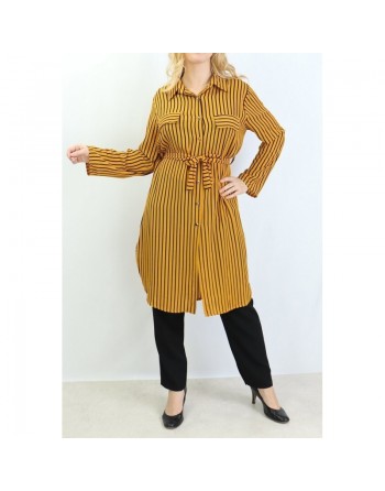 Chemise longue de couleur Jaune moutarde à rayures noires 