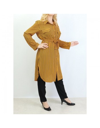 Chemise longue de couleur Jaune moutarde à rayures noires 