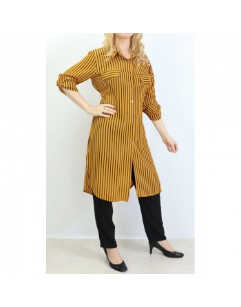 Chemise longue de couleur Jaune moutarde à rayures noires 