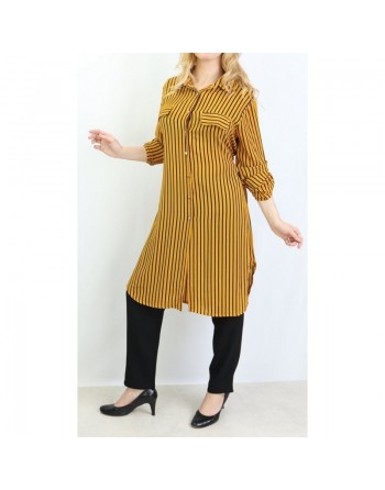 Chemise longue de couleur Jaune moutarde à rayures noires 