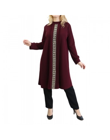Tunique avec décoration dorée pailletée - Taille Unique - Couleur aubergine 