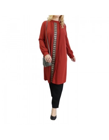 Tunique avec décoration dorée pailletée - Taille Unique - Couleur Rouille 