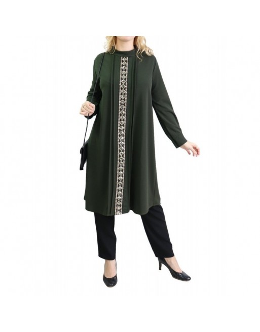 Tunique avec décoration dorée pailletée - Taille Unique - Couleur Vert kaki 