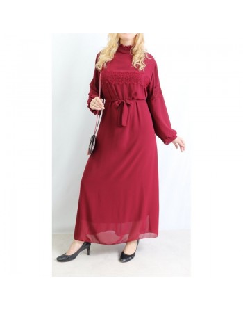 Robe longue avec doublure broderies dentelle et ceinture - Taille Unique - Couleur bordeaux 
