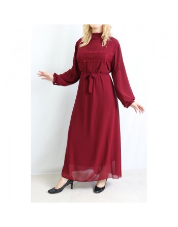 Robe longue avec doublure broderies dentelle et ceinture - Taille Unique - Couleur bordeaux 