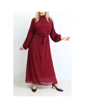 Robe longue avec doublure broderies dentelle et ceinture - Taille Unique - Couleur bordeaux 