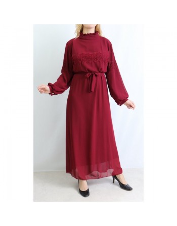 Robe longue avec doublure broderies dentelle et ceinture - Taille Unique - Couleur bordeaux 