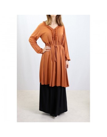 Tunique longue style bohème - Taille Unique - Couleur Rouille 
