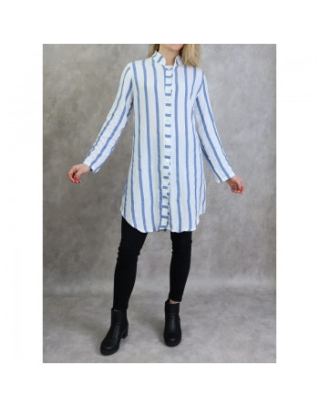 Chemise coton mi-longue à rayures de couleur blanc et bleu 