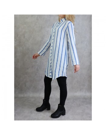 Chemise coton mi-longue à rayures de couleur blanc et bleu 