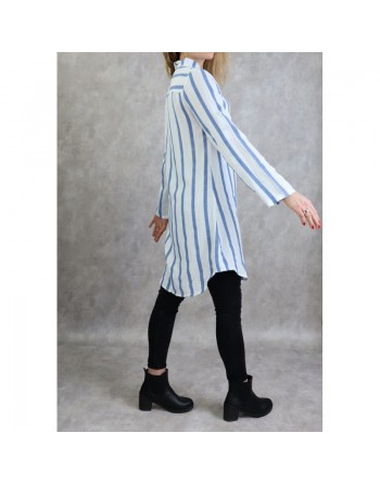 Chemise coton mi-longue à rayures de couleur blanc et bleu 