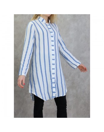 Chemise coton mi-longue à rayures de couleur blanc et bleu 