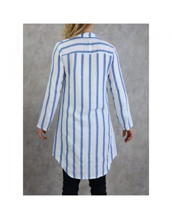 Chemise coton mi-longue à rayures de couleur blanc et bleu 