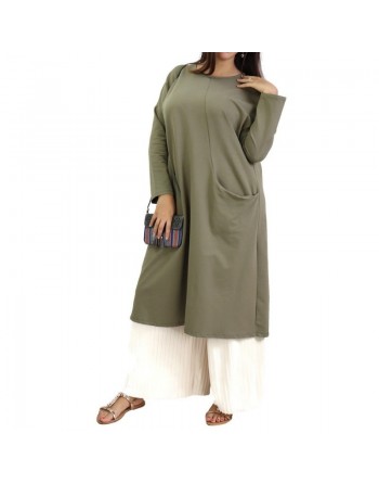 Tunique longue Sportswear en coton avec une grande poche de couleur kaki 