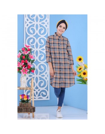 Chemise longue ample à carreaux pour femme - Couleur noir, gris et blanc 