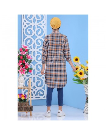 Chemise longue ample à carreaux pour femme - Couleur noir, gris et blanc 