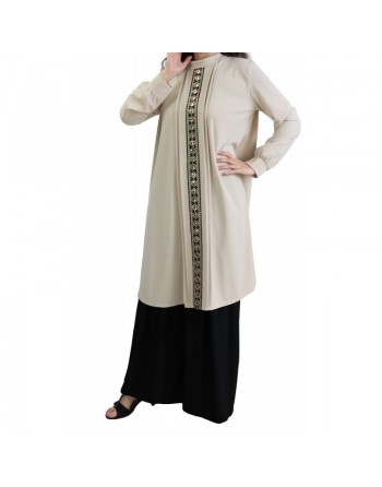 Tunique avec décoration dorée pailletée - Taille Unique - Couleur Beige 