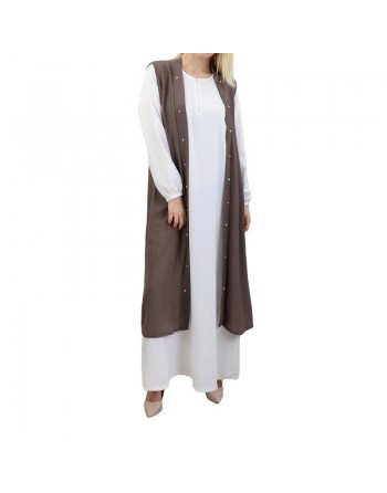Gilet long perlé de couleur taupe 