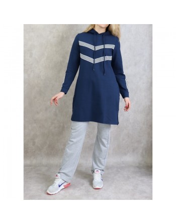 Sweat Shirt mi-long à capuche pour femme - Couleur bleu marine 