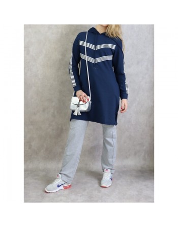 Sweat Shirt mi-long à capuche pour femme - Couleur bleu marine 
