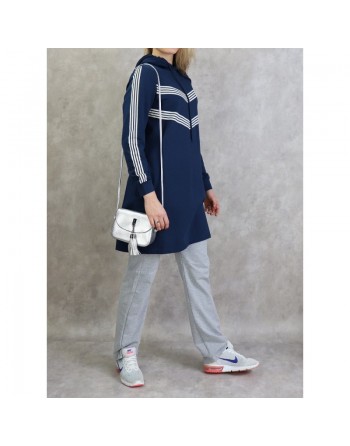 Sweat Shirt mi-long à capuche pour femme - Couleur bleu marine 