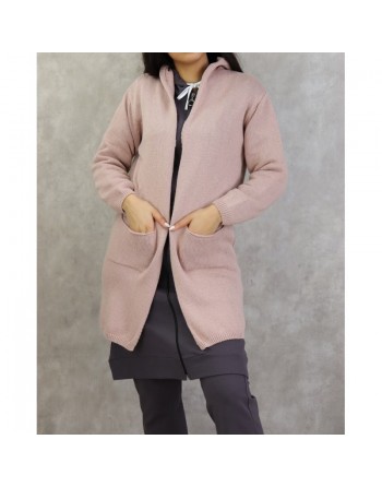 Gilet pull Star mi-long à capuche - Couleur vieux rose 