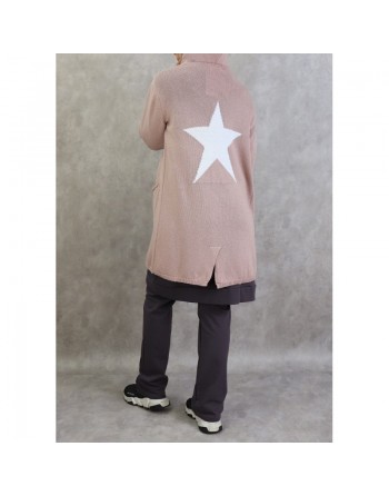 Gilet pull Star mi-long à capuche - Couleur vieux rose 